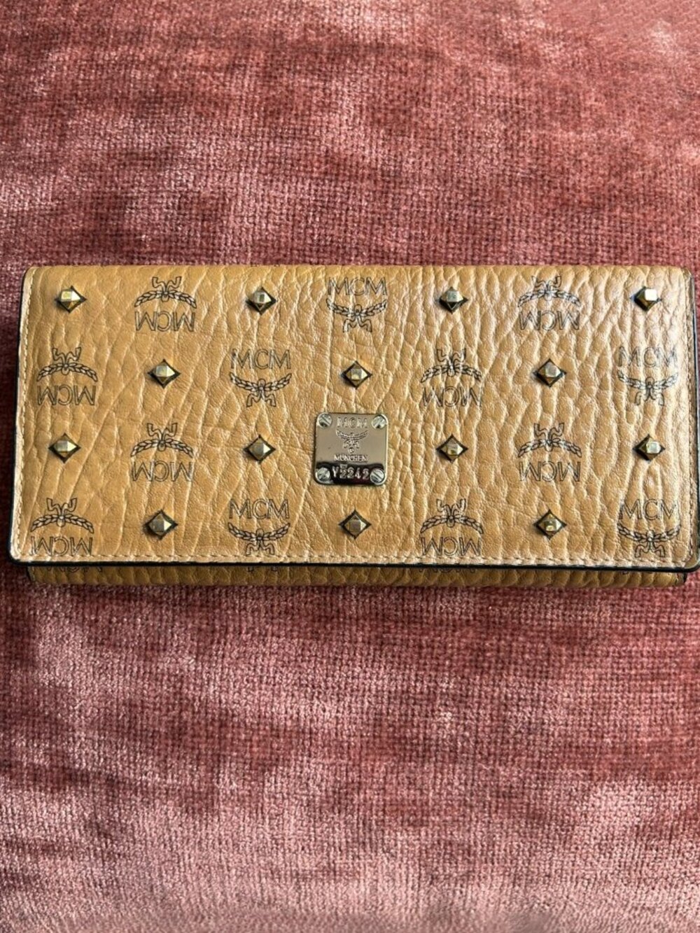 MCM Visetos Studded Long Wallet, Cognac